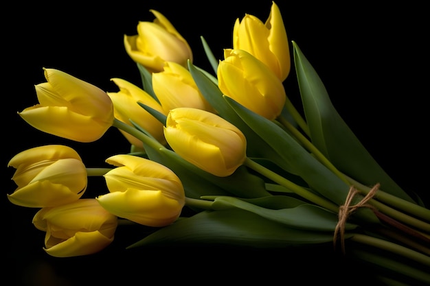 Bouquet of yellow tulips on a black background