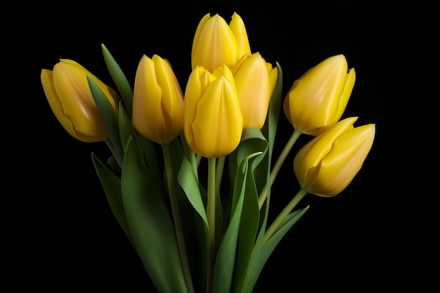 Bouquet of yellow tulips isolated on a black background