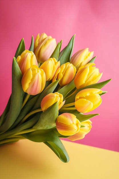 Bouquet of yellow tulips on pink background top view