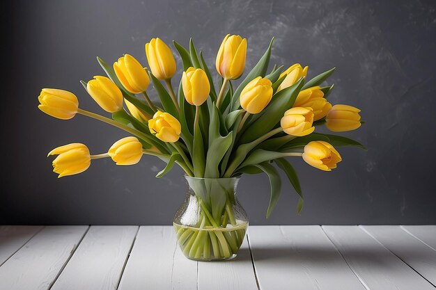 바닥에 있는 꽃병에 있는 노란 립의 꽃줄기, 벽에 있는 립 꽃병의 아름다운 노란 꽃집에서 오는 여성의 날 선물