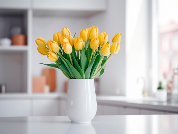 Bouquet of yellow tulips in a vase on the table in the kitchen