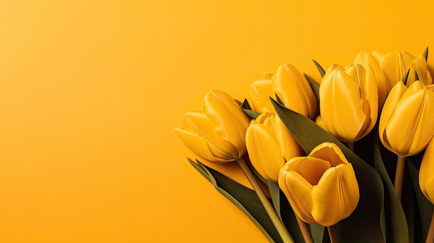 Bouquet of yellow tulips on yellow background