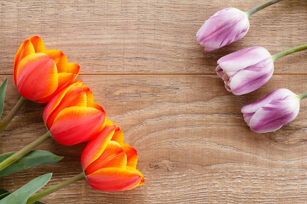 Bouquets of red and lilac tulips on wooden boards. Greeting card concept. Top view.