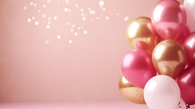 Bouquets van goud en roze heliumballen op roze achtergrond
