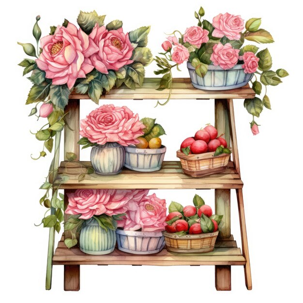 Bouquets van heldere bloemen en rijpe vruchten netjes gerangschikt op houten planken