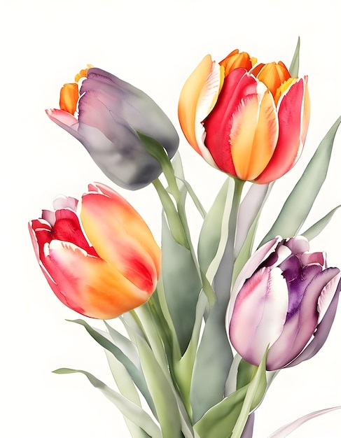 Bouquets van tulpenbloemen aquarel Botanische kunst witte achtergrond