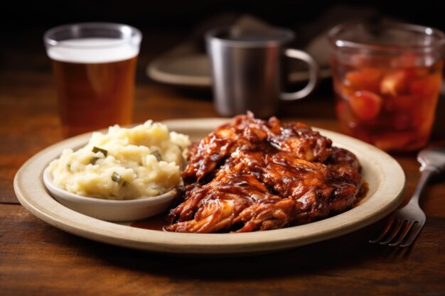 Bourbon bbq pulled chicken with a side of mashed potato