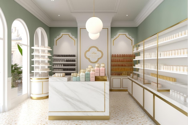 A boutique drugstore with designer products and upscale decor created with generative ai