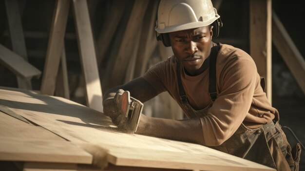 Bouw Mannelijke Afro-Amerikaanse jaren '30 Elektrisch gereedschap gebruiken in de bouwplaats Generatieve AI AIG22