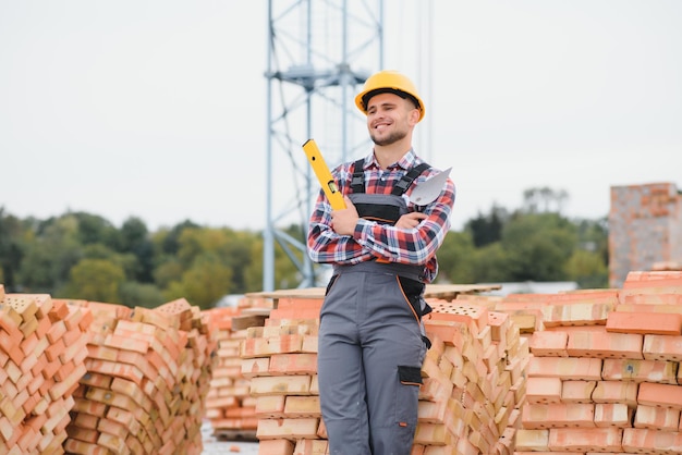 Bouw metselaar werknemer metselaar installeren rode baksteen met troffel plamuurmes buitenshuis