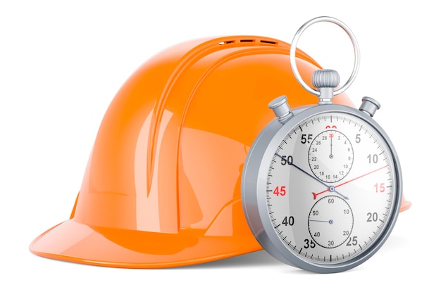 Foto bouw oranje bouwvakker met stopwatch 3d-rendering