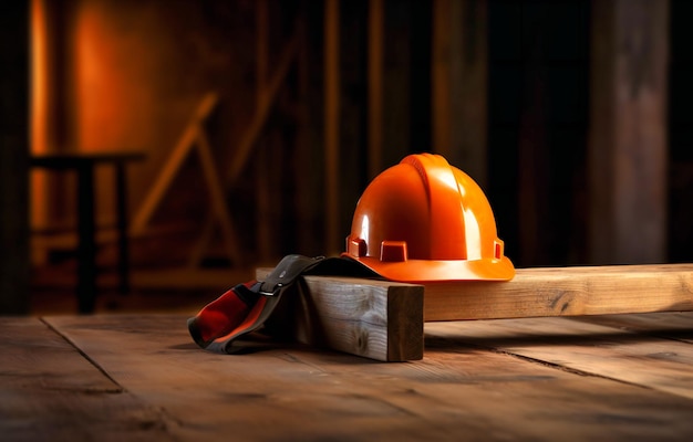 Bouw veiligheid oranje veiligheidshelm en plank op tafel