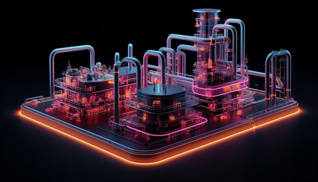 Foto bouwen van leidingen en energiesystemen abstract industriële apparatuur met neonverlichting ai gegenereerd