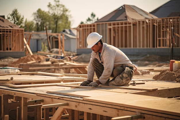 Bouwer toont verschillende bouwfasen voor Stock Photo Huisbouw in uitvoering