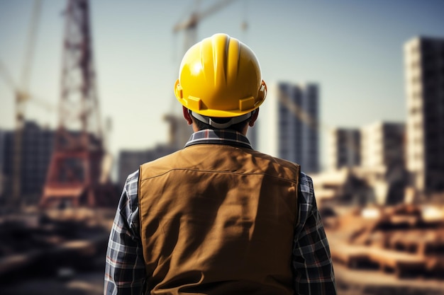 Bouwfocus Ingenieur met gele helm op de achtergrond van de bouwplaats