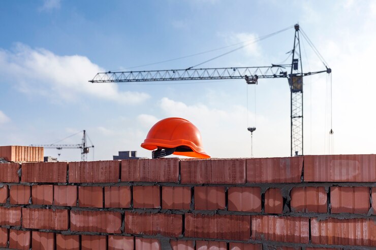 Bouwhelm op een bakstenen muur. Torenkraan op een bouwplaats.