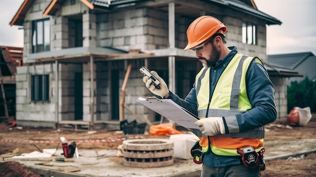 Bouwingenieur bouwkundige ingenieur controle van het werk op de bouwplaats huisconstructie