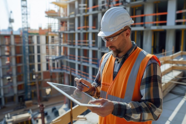 Bouwingenieur die plannen op een tablet bekijkt