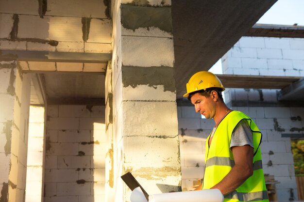 Bouwingenieur op de bouwplaats van een huis werkt op een computer, tekeningenproject