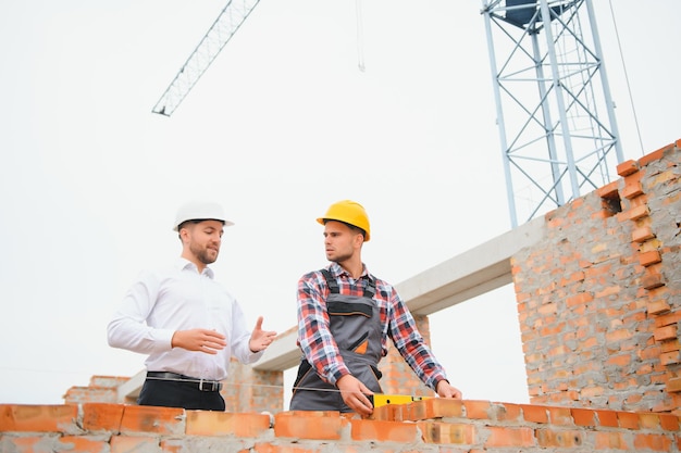 Bouwingenieurs die toezicht houden op de voortgang van het bouwproject staan op een nieuw betonnen vloerdak en een kraanachtergrond