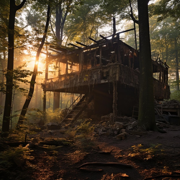 bouwkundig cabine land art rotting verval ruïneren zonsondergang dicht bos depressief Gordon Mattacl