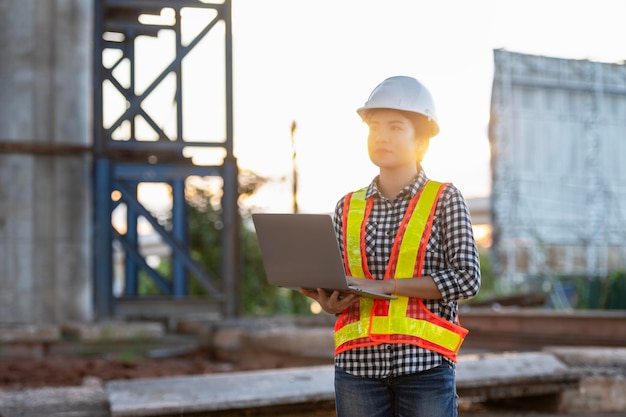 Bouwkundig ingenieur Aziatische vrouwelijke architect met tablet-computer op de bouwplaats van de snelweg jonge vrouw kijken naar de bouwplaats van de snelweg