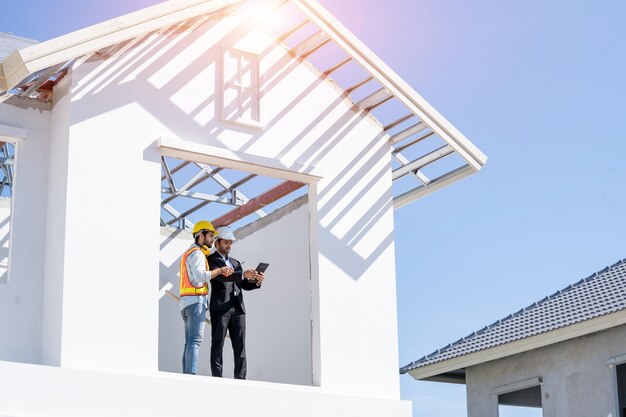 Bouwkundig ingenieur en voorman werknemer met blauwdruk bespreken plan werken voor het nieuwe huis