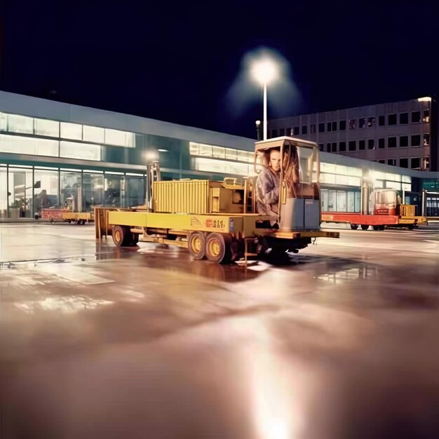 bouwmachine op parkeerplaats tijdens de nacht