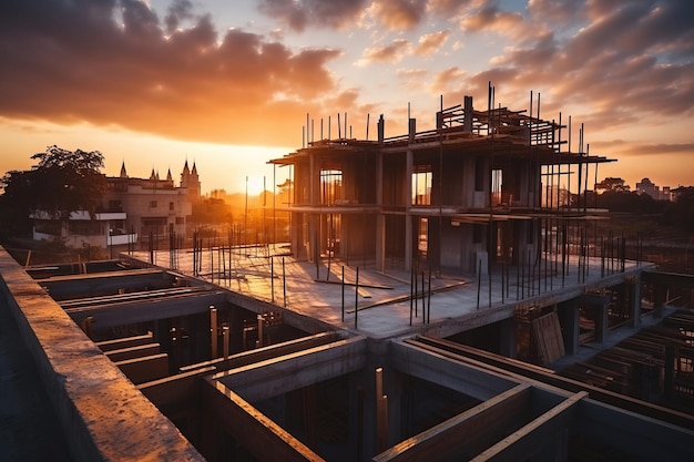 bouwplaats en zonsondergang structurele stalen balk bouwen grote woongebouwen