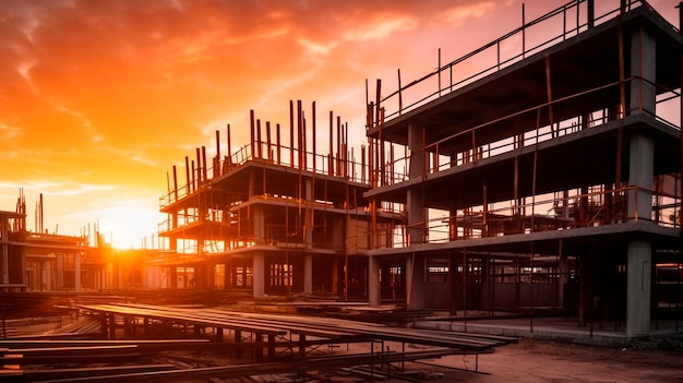 Bouwplaats en zonsondergang structurele stalen balk bouwen van grote residentiële gebouwen Generatieve AI