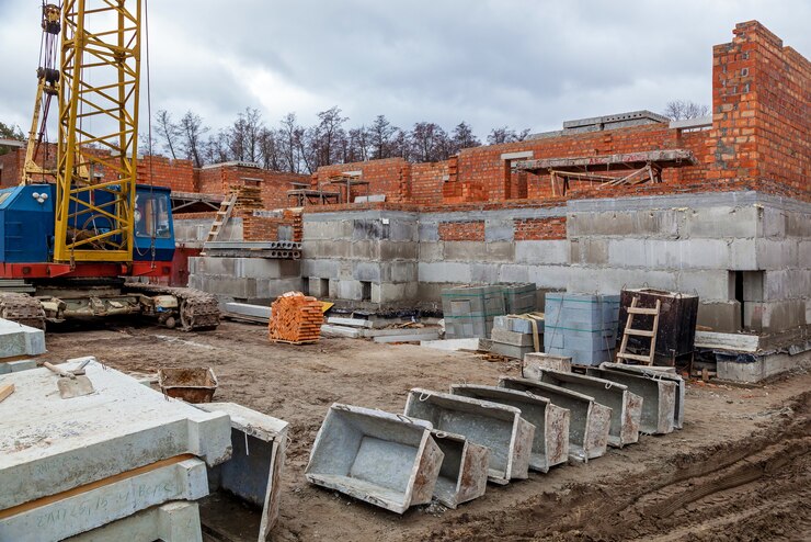 Foto bouwplaats, gereedschap, kruiwagen, zand en bakstenen bij nieuwbouw, cementmixermachine en accessoires