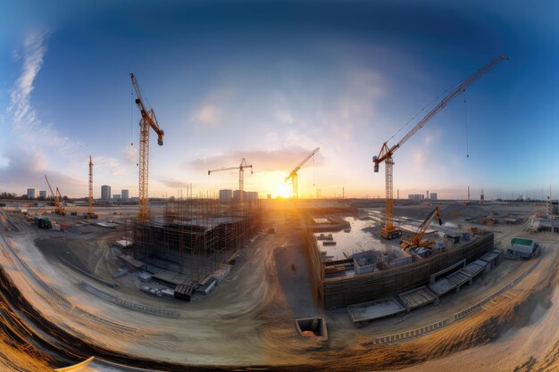 Bouwplaatspanorama bij zonsondergang