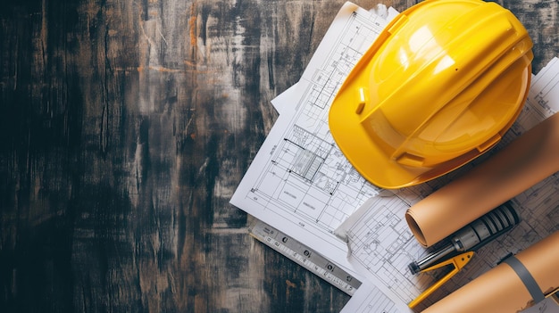 Foto bouwplannen met een gele hardhat en gereedschappen