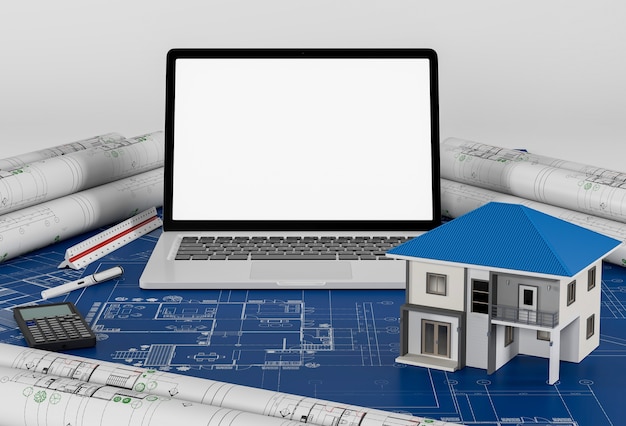 Bouwplannen met laptop en huis, bouwkundig en engineeringconcept.