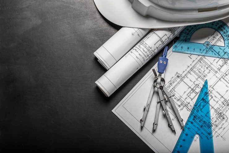 Foto bouwplanningstekeningen op zwart