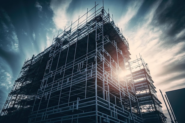 Bouwtechniek over steigers in het stadscentrum in de buurt van gebouwen gemaakt met generatieve AI