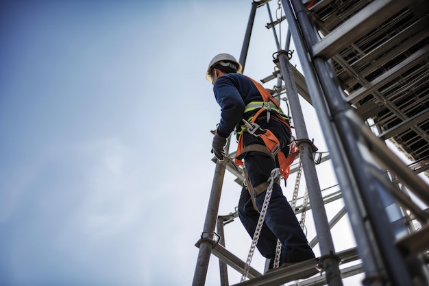 Bouwvakker die een veiligheidsharnas draagt en een torenkraanladder beklimt bij een hoogbouw