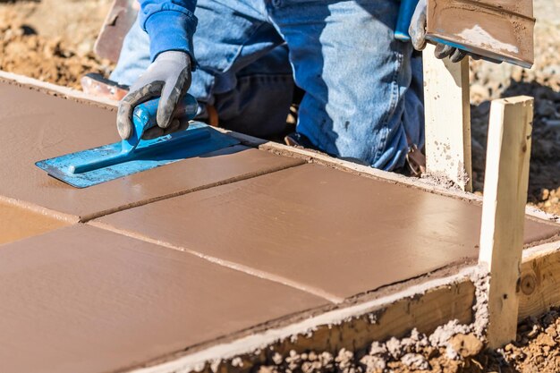 Foto bouwvakker met troffel op natte cementvorming rond nieuw zwembad