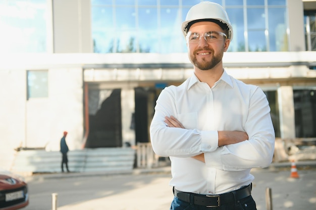 Bouwvakker of architect in bouwplaats buiten met warm weer zonnig. bouwer in bouwvakker inspecteren en werken op de werkplek