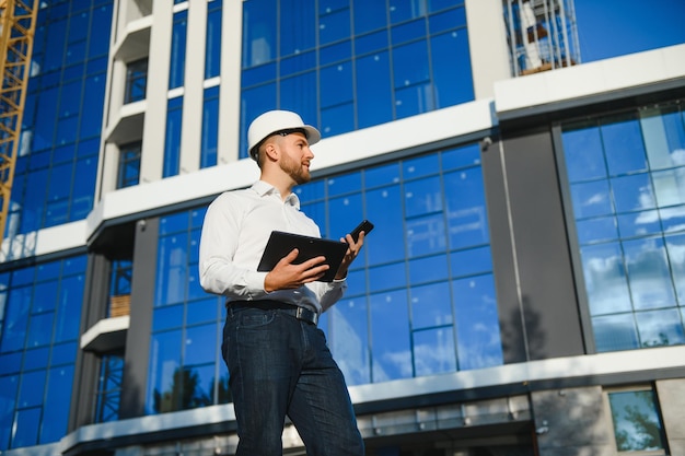 Bouwvakker of architect in bouwplaats buiten met warm weer zonnig. bouwer in bouwvakker inspecteren en werken op de werkplek