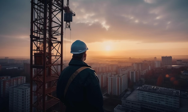 Bouwvakker staande op zonsondergang stad Bouwer in veiligheidshelm op een dak Generatieve AI