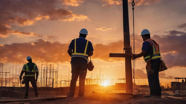 Bouwvakkers bij zonsondergang