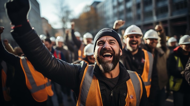 Bouwvakkers glimlachend in gele vesten en vesten steken hun handen op in het luchtsuccesconcept