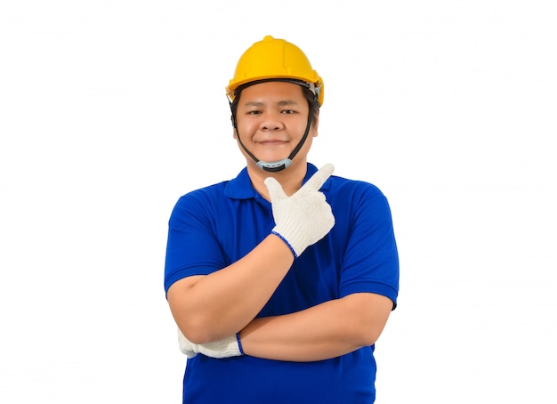 Foto bouwvakkers in blauw shirt met beschermende handschoenen