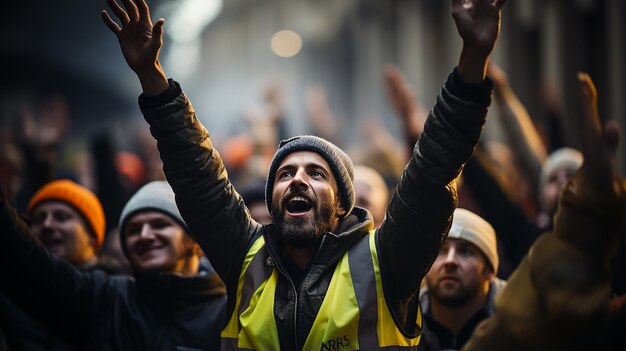 Foto bouwvakkers in gele hesjes en hesjes steken hun handen in de lucht