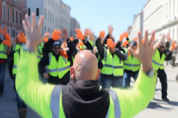 Foto bouwvakkers in gele vesten demonstreren tegen generatieve ai