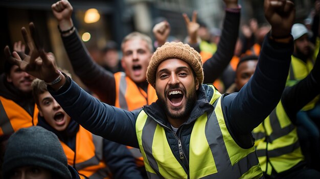 Foto bouwvakkers in gele vesten en vesten steken hun handen in de lucht