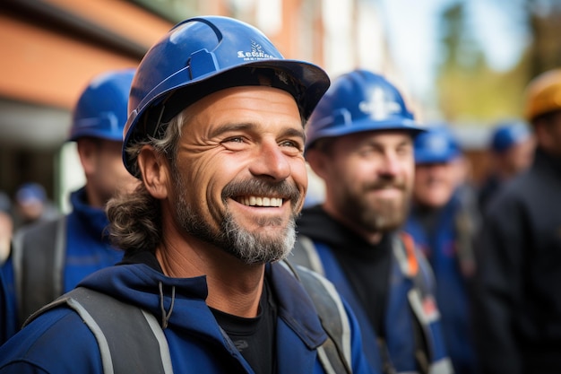 Bouwvakkers van 3545 jaar oud die veiligheidsuitrusting dragen Gelukkig bouwteam dat op de bouwplaats werkt