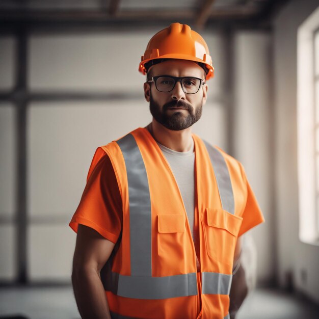 Bouwveiligheidsspecialistvest en oranje helm staand