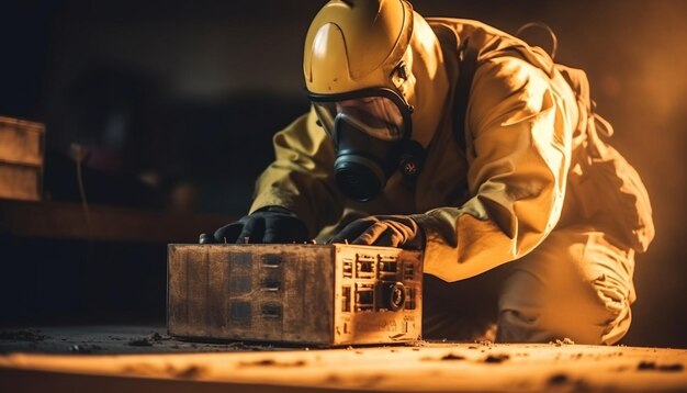 Bouwwerker in beschermende werkkleding repareert hout in een donkere werkplaats gegenereerd door kunstmatige intelligentie